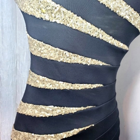 Bebe Womens Dress Luxury Designer Fitted Black Gold Sequins Dress-S - Picture 4 of 5
